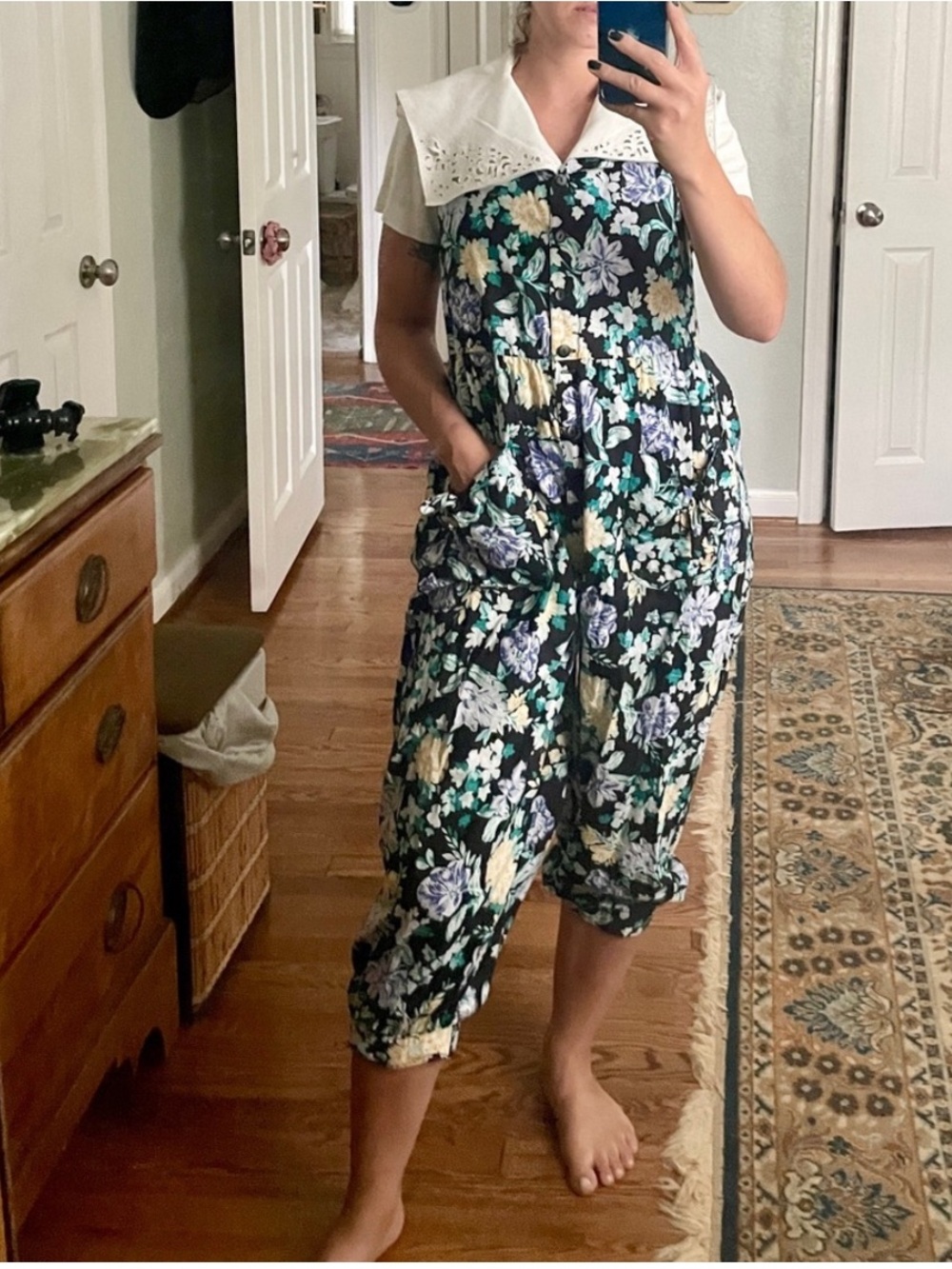 Laura Ashley Vintage 80 Black Sleeveless Floral Jumpsuit with Lavender and Mint